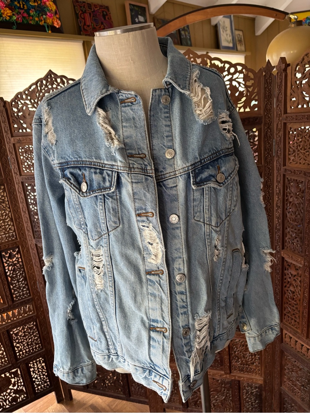 Topshop Moto Light Blue Distressed Denim Jacket